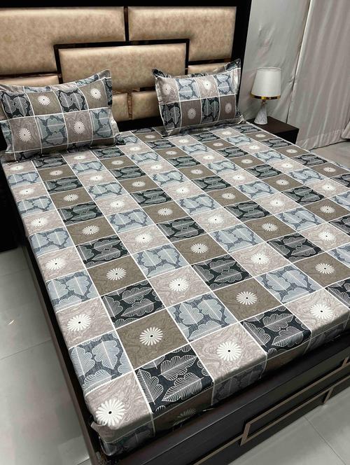 printed tc fitted king-sized bedsheet with 2 pillow covers - 21605311 - Very Small Image - 1