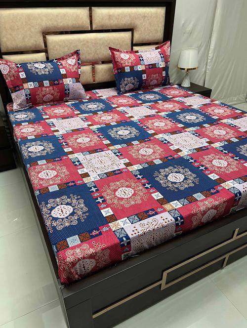 printed tc fitted king-sized bedsheet with 2 pillow covers - 21605410 - Very Small Image - 1