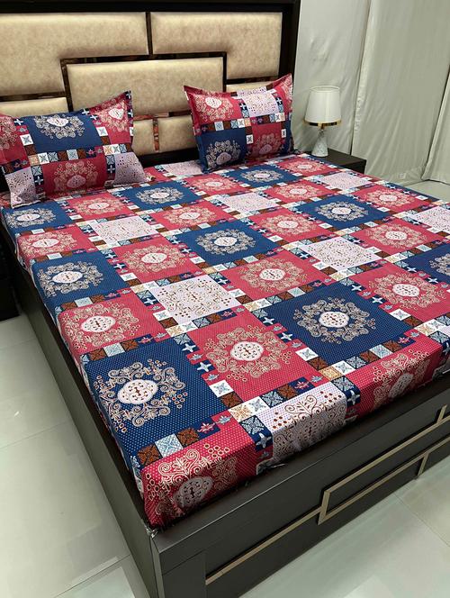 printed tc fitted king-sized bedsheet with 2 pillow covers - 21605535 - Very Small Image - 1