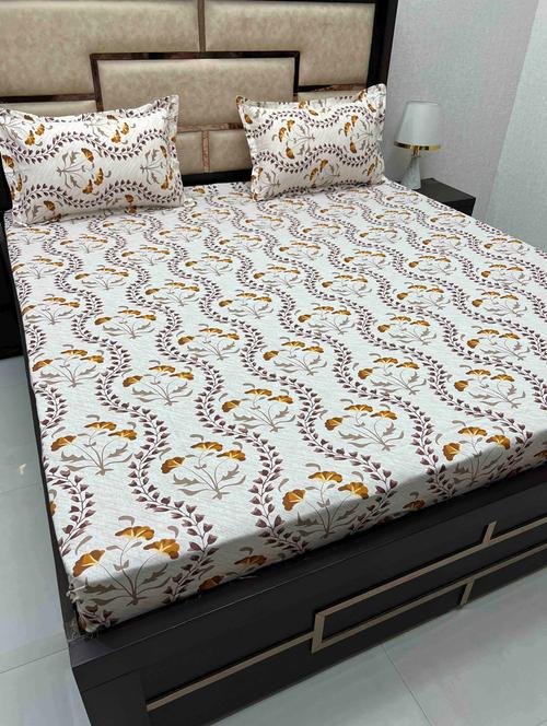 floral printed tc fitted king-sized bedsheet with 2 pillow covers - 21605649 - Very Small Image - 1