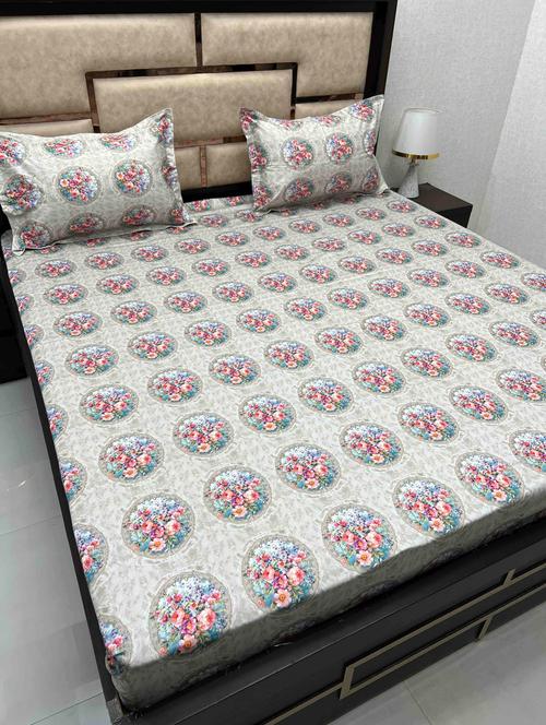 floral printed tc fitted king-sized bedsheet with 2 pillow covers - 21605656 - Very Small Image - 1