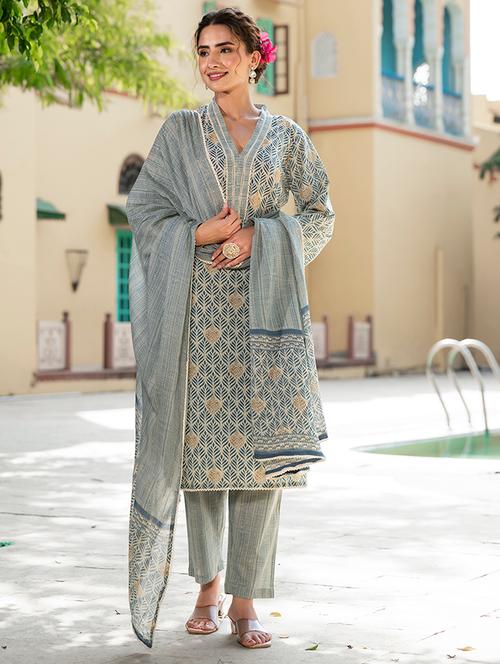 women grey long sleeve kurta pant with dupatta set - 21613427 - Very Small Image - 1