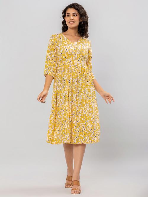 women yellow floral printed a-line dress - 21613912 - Very Small Image - 1