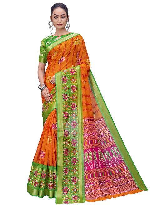 women orange ikat printed saree - 21614265 - Very Small Image - 1