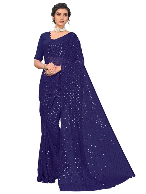 women blue sequin work georgette saree - 21614301 - Very Small Image - 1