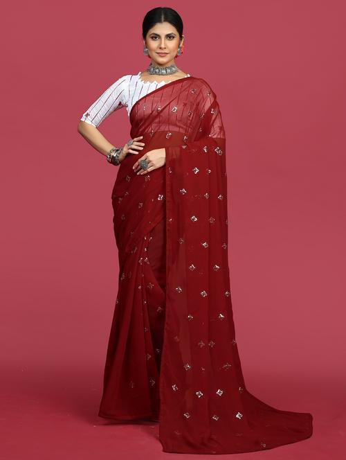 women red sequin work georgette saree - 21614423 - Very Small Image - 1