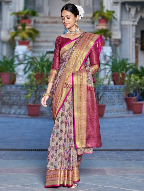women printed zari boredered saree - 21614430 - Very Small Image - 1