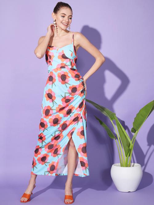 women blue floral printed straight dress - 21617201 - Very Small Image - 1