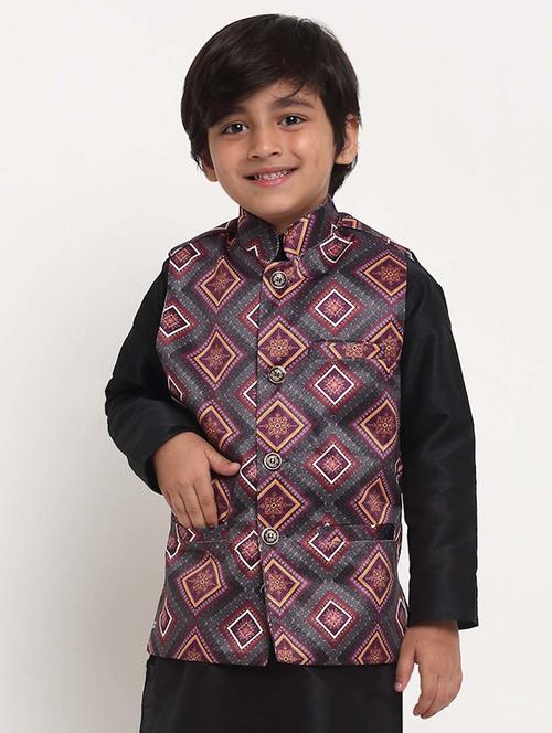 boys mandarin neck printed nehru jacket - 21621042 - Very Small Image - 1