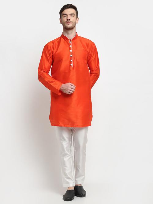 orange pure silk kurta with trousers ethnic wear set - 21621464 - Very Small Image - 1