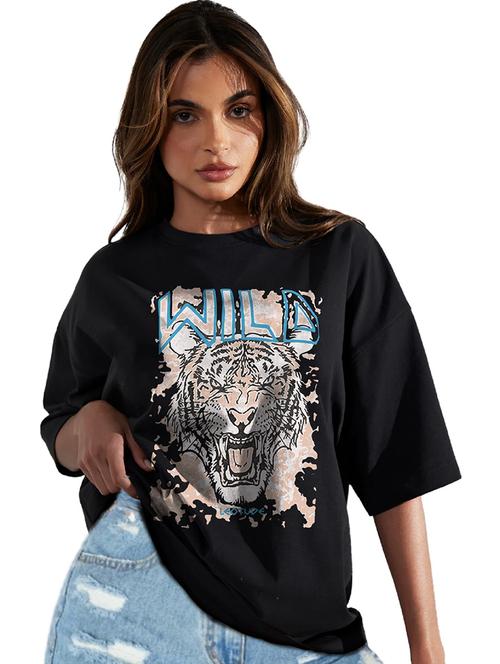 women round neck printed oversized t-shirt - 21622162 - Very Small Image - 1