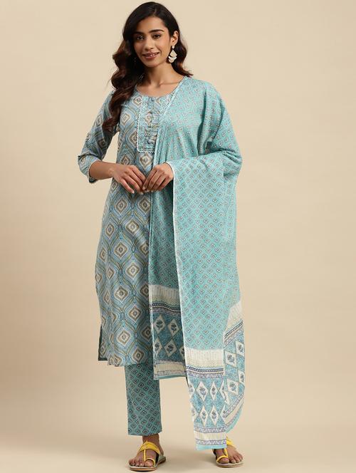women three quarter sleeve kurta pant with dupatta set - 21622357 - Very Small Image - 1