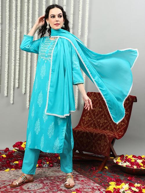 women three quarter sleeve kurta pant with dupatta set - 21622667 - Very Small Image - 1