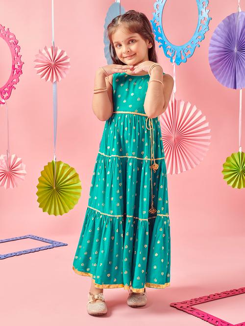 girl turquoise foil print tiered dress - 21624683 - Very Small Image - 1
