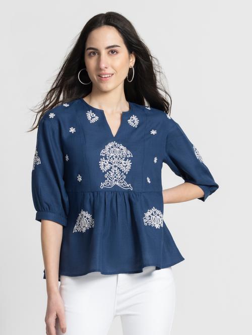women blue embroidered peplum top - 21627542 - Very Small Image - 1