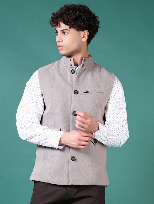 men grey self design sleeveless nehru jacket - 21627656 - Very Small Image - 1