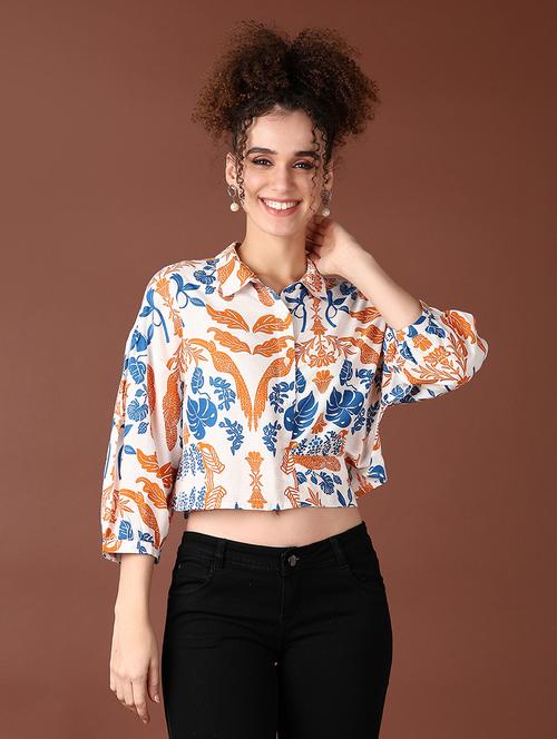 women printed three quarter sleeve crop top - 21628514 - Very Small Image - 1
