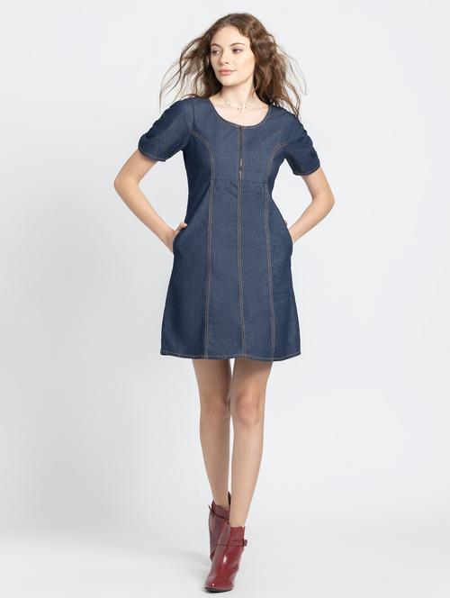 women solid denim a-line dress - 21630537 - Very Small Image - 1