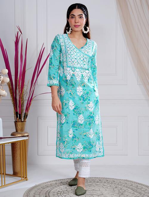 women turquoise chikankari work angrakha kurta - 21631865 - Very Small Image - 1