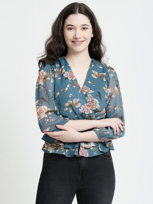 women floral v neck wrap top - 21632093 - Very Small Image - 1