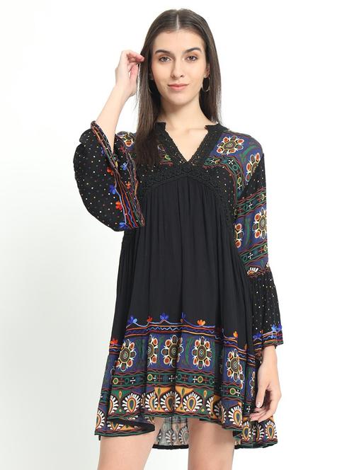 women black printed fit & flare bell sleeves dress - 21634493 - Very Small Image - 1
