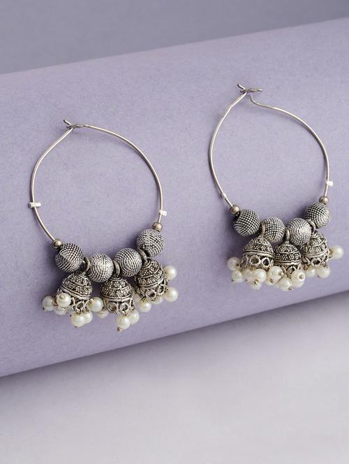 silver oxidised pearl work circular shape drop earrings - 21635024 - Very Small Image - 1