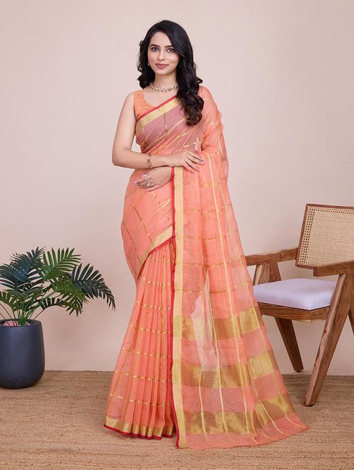women peach kota doria saree with blouse - 21635117 - Very Small Image - 1
