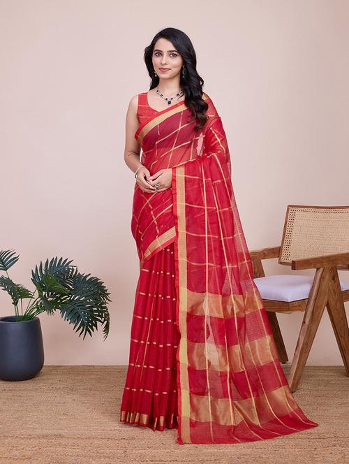 women red kota doria saree with blouse - 21635120 - Very Small Image - 1