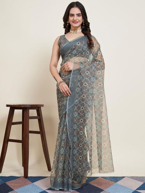 women grey printed saree with blouse - 21635256 - Very Small Image - 1