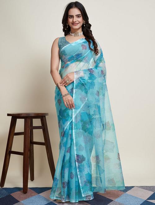 women turquoise printed saree with blouse - 21635258 - Very Small Image - 1