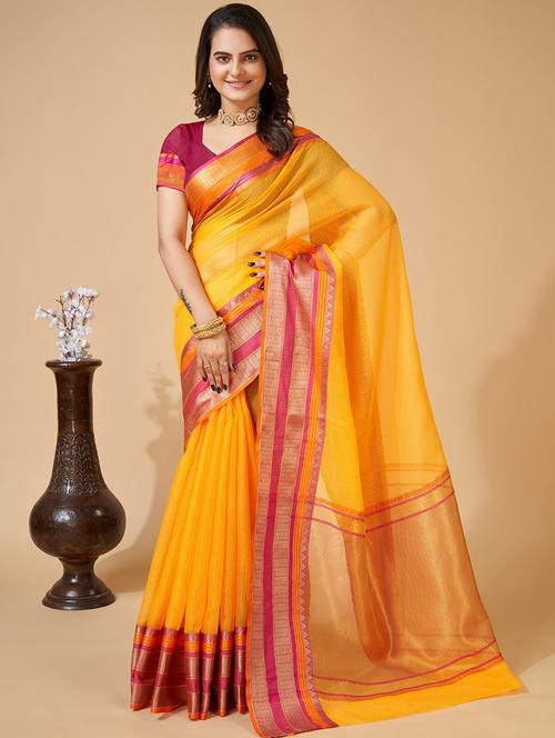 women yellow kota doria saree with blouse - 21635280 - Very Small Image - 1