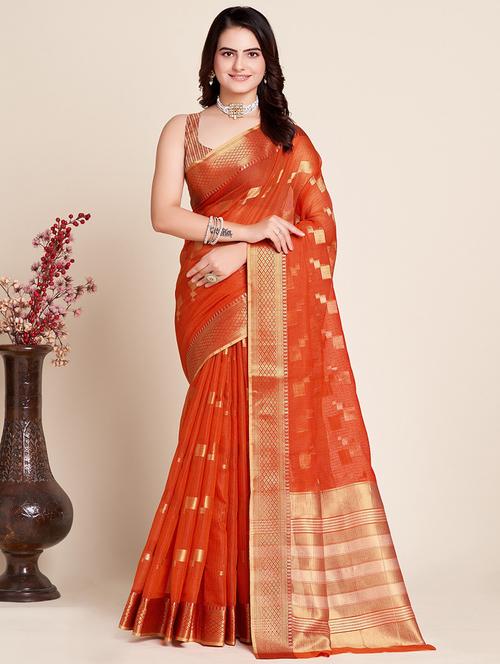 women orange kota doria saree with blouse - 21635305 - Very Small Image - 1