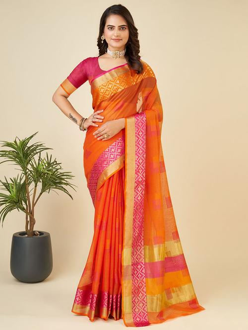 women orange kota doria saree with blouse - 21635312 - Very Small Image - 1