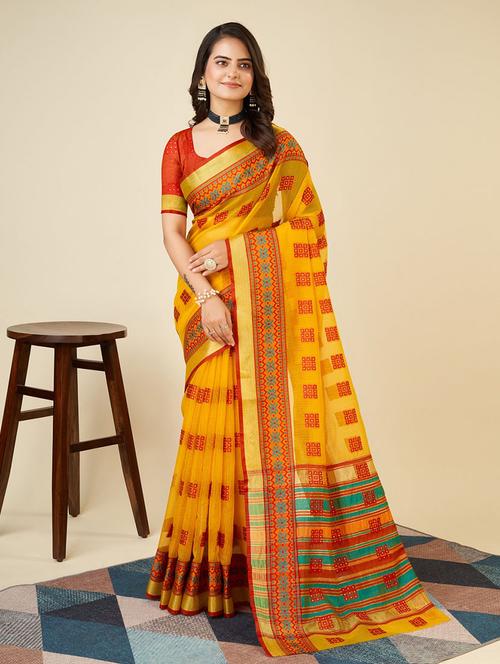 women mustard kota doria saree with blouse - 21635317 - Very Small Image - 1