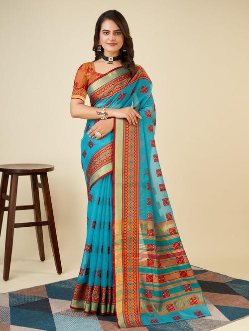 women blue kota doria saree with blouse - 21635321 - Very Small Image - 1