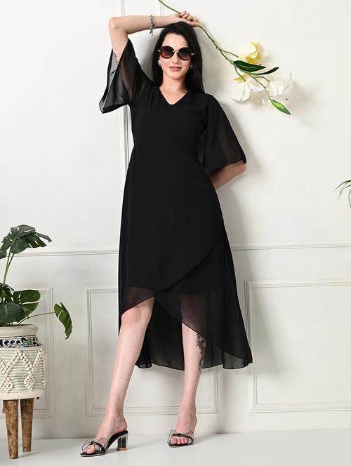 women solid flared sleeve high low dress - 21636531 - Very Small Image - 1