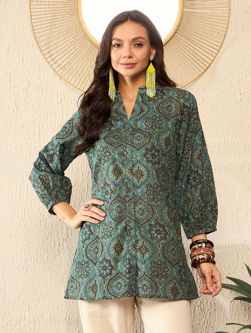 women sea green printed side slit tunic - 21641323 - Very Small Image - 1