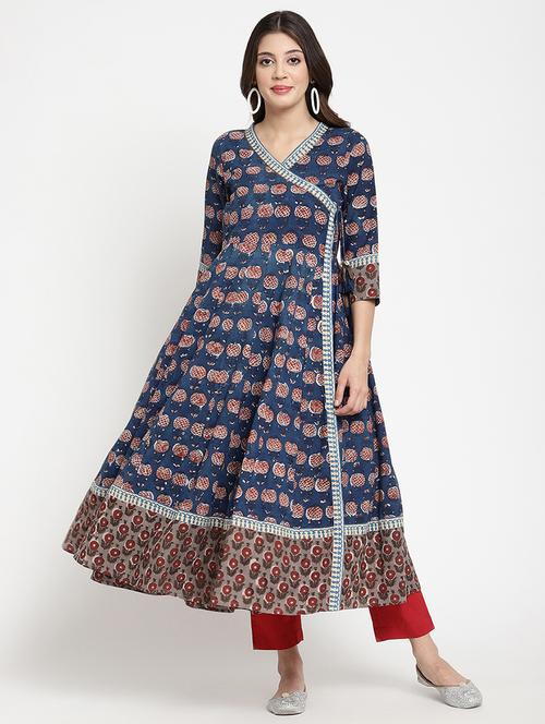women blue printed three quarter sleeve anarkali kurta - 21642021 - Very Small Image - 1