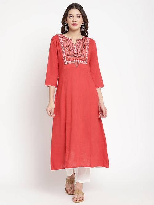 women red embroidered three quarter sleeve a-line kurta - 21642025 - Very Small Image - 1