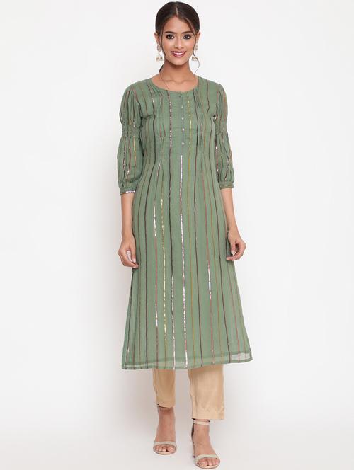 women striped three quarter sleeve straight kurta - 21642094 - Very Small Image - 1