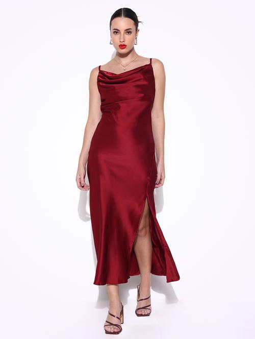 women solid cowl neck a-line dress with side slit - 21643139 - Very Small Image - 1