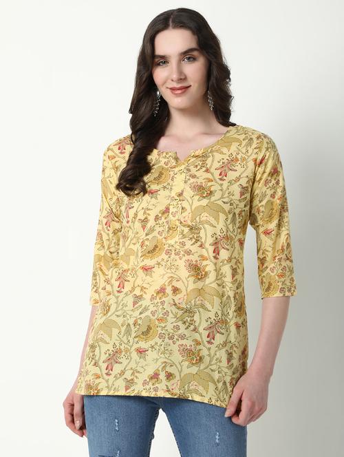 women yellow floral notch neck straight kurti - 21643201 - Very Small Image - 1