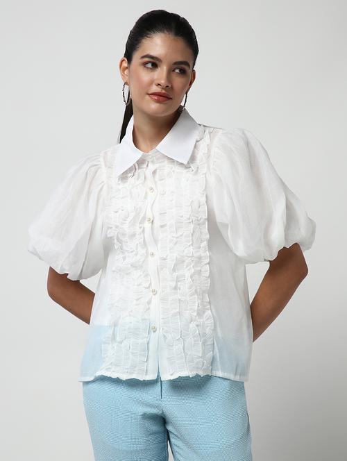 women solid collared puff sleeves shirt - 21643308 - Very Small Image - 1