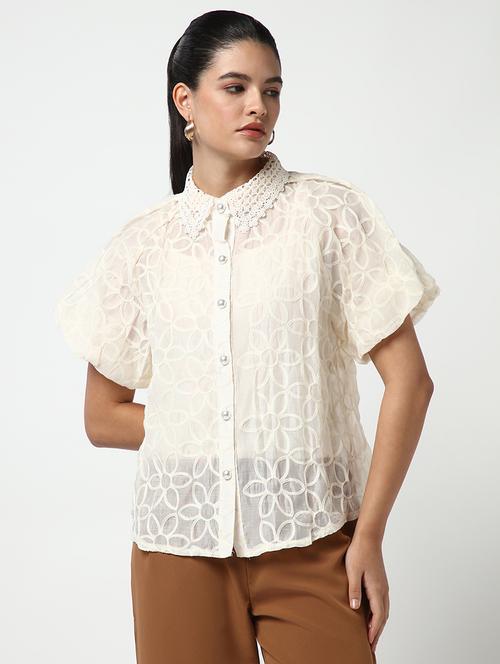 women lace deatiled collared puff sleeves shirt with slip - 21643312 - Very Small Image - 1