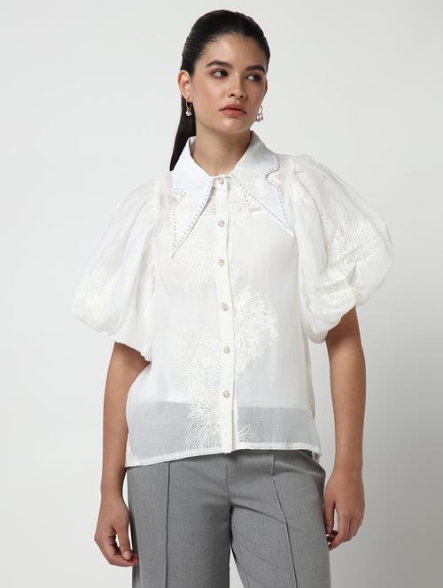 women embroidered collared puff sleeves shirt with slip - 21643315 - Very Small Image - 1
