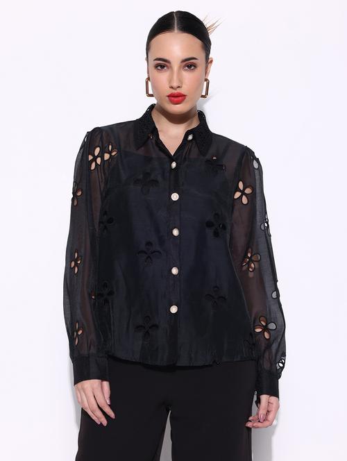 women lace detailed collared puff sleeves shirt with slip - 21643317 - Very Small Image - 1
