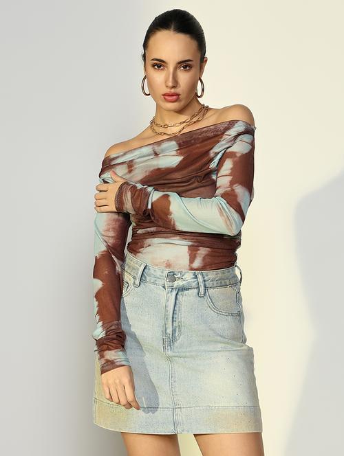 women printed off shouler long sleeves top - 21643372 - Very Small Image - 1