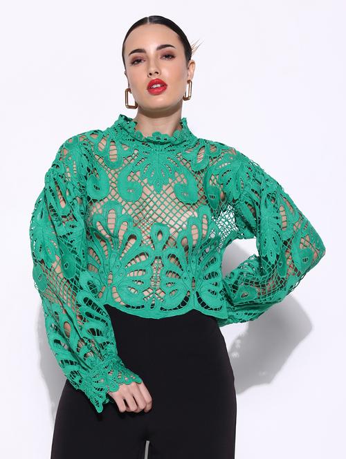 women lace deatiled puff sleeves regular top - 21643417 - Very Small Image - 1