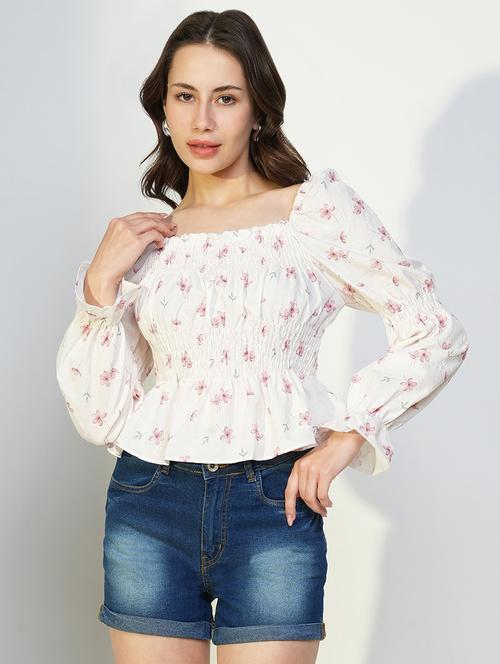 women printed smocked detailed peplum top - 21643484 - Very Small Image - 1