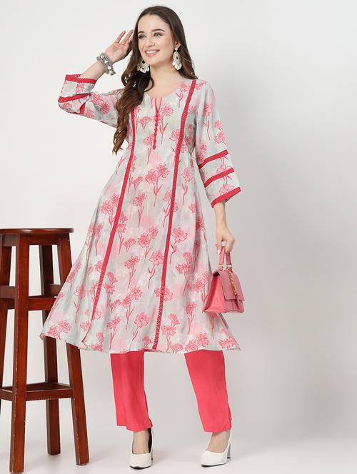 women white floral notch neck kurta pant set - 21644427 - Very Small Image - 1